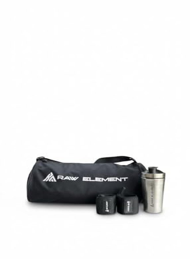 Raw Element Pack of 3 Gym Bag Set with Shaker Bottle and Wrist Wraps, Black, Fitness Accessories Kit - Image 2